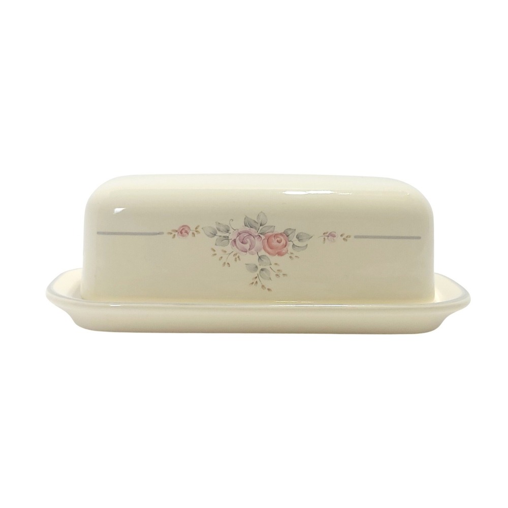 Pfaltzgraff Trousseau 1/4 lb Covered Butter Dish Stoneware Cream Pink Floral USA